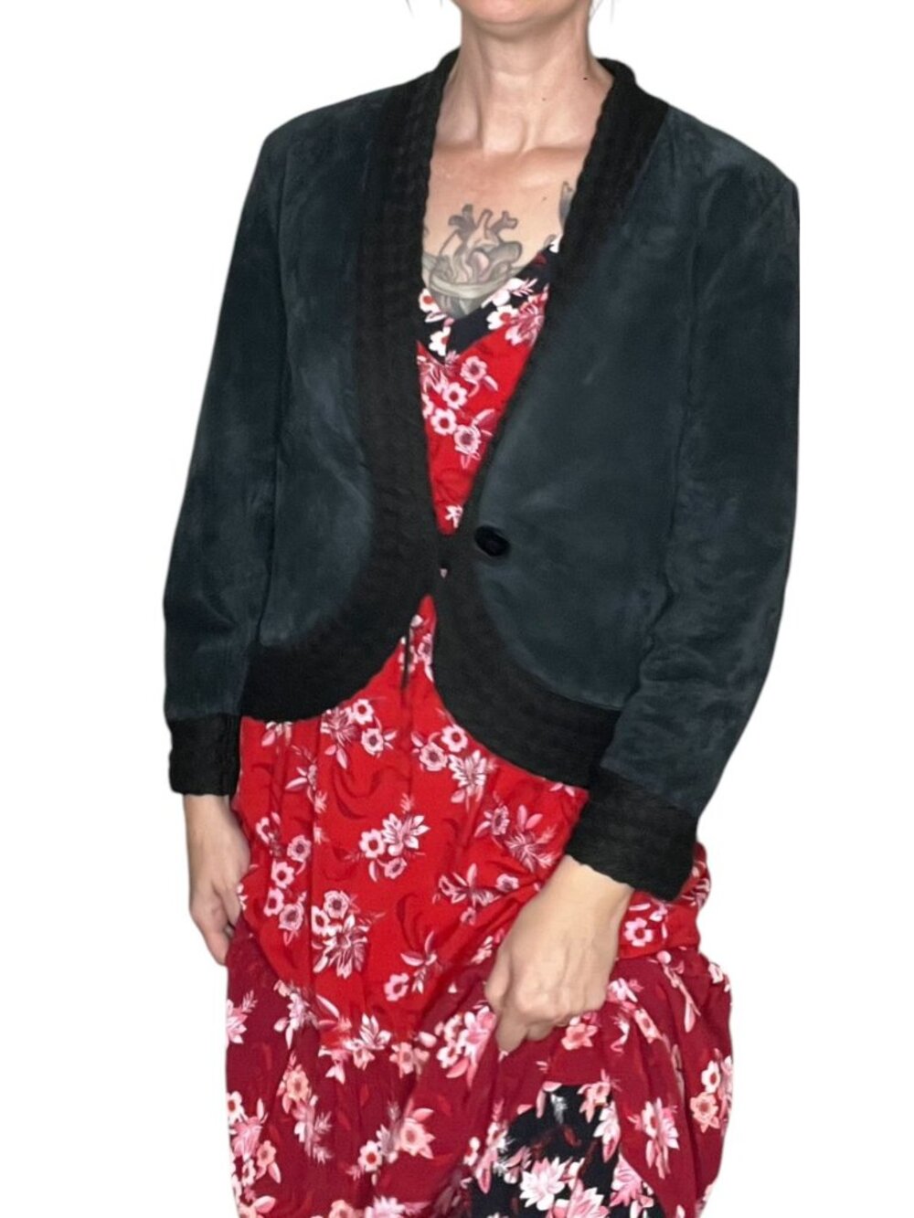 Vintage Suede Knit Trim Cropped Jacket Black Bohemian Coldwater Creek Petite LG